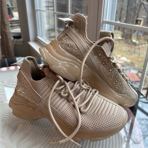 Steve Madden Women's Maxima Sneaker Beige Rhinestone Knit Trainer Sneakers